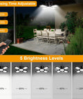 Solar Powered Outdoor Shed Light 128 LED Solar Pendant Lights With Remote, Motion Sensor above patio table, 5 lighting modes