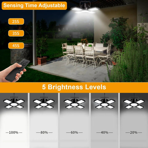 Solar Powered Outdoor Shed Light 128 LED Solar Pendant Lights With Remote, Motion Sensor above patio table, 5 lighting modes