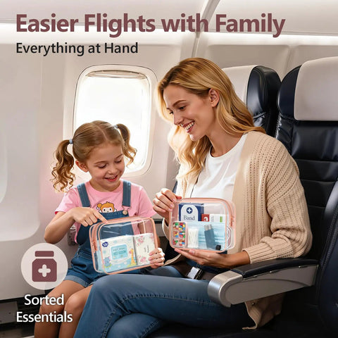 Mother and daughter on plane using TSA Ready Travel Toiletry Bag Set, Clear Makeup Bags 3 Pack Medium, See Through Rose Pink Organizer.