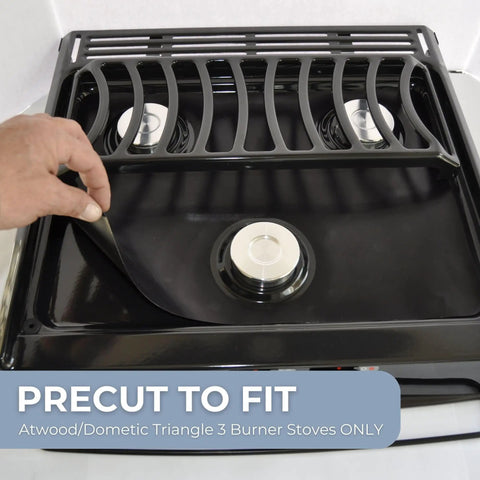Stove Cover Protector And Oven Liner For Atwood Dometic Triangle 3 Burner Stoves Only Precut For Quick Cleanup shown on stove