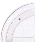 Close-up of clear BPA-free plastic non-slip base on Clear Lazy Susan Turntable Organizer For Spices And Condiments With Smooth Rotating 2 Tier Design Nine Inch Diameter BPA Free Plastic Non Slip Base And Easy To Clean Kitchen Cabinet Storage