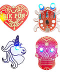 DIY Soldering Practice Kit For Beginners PCB Board Brooch Decoration With Skeleton Unicorn Heart And Insect Shapes Hands On Learning Project Great Gift For Students And Hobbyists GK1026, featuring gold-plated shapes including heart, insect, unicorn, and skeleton designs.