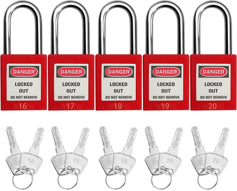 Five red keyed differently lockout tagout locks with keys, labeled 16 to 20, unique key system. Safe durable safety padlocks.