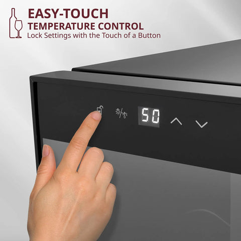 Easy-touch digital temperature control on Thermoelectric 10 Bottle Wine Cooler For Red And White Wines With Digital Temperature Display Freestanding Countertop Wine Cellar Smoky Glass Door Quiet Operation Energy Efficient Beverage Storage For Your Home Bar Go To Pick