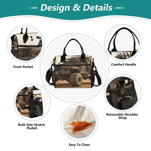 Monster Truck Desert Insulated Cooler Bag Lunch Box Tote with pockets, handles, detachable strap, and easy clean fabric