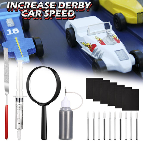 Pinewood Derby Car Polishing Kit With Graphite Powder, Buffing Wool Head, Magnifying Glass, Flat File, Micro Porous Polishing Spears, And Sandpaper Set To Cut Bore Friction For Faster Rides displayed with derby cars in background