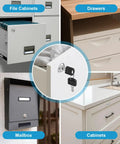 Five Eighth Inch Cabinet Cam Lock Set Keyed Alike Five Pack Cylinder Locks For File Drawers Desks Mailboxes RV Compartments And Tool Boxes Chrome Finish Zinc Alloy Built To Last shown on file cabinet, desk drawer, mailbox, and kitchen cabinet with keys.