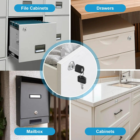 Five Eighth Inch Cabinet Cam Lock Set Keyed Alike Five Pack Cylinder Locks For File Drawers Desks Mailboxes RV Compartments And Tool Boxes Chrome Finish Zinc Alloy Built To Last shown on file cabinet, desk drawer, mailbox, and kitchen cabinet with keys.