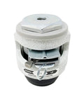 Heavy Duty Retractable Leveling Caster With 2 Inch Nylon Wheels That Roll Smooth And Ratcheting Stemless Build For Lock Tight Equipment Stabilization In Classic Ivory Job Site Gear, top view showing gray aluminum body.