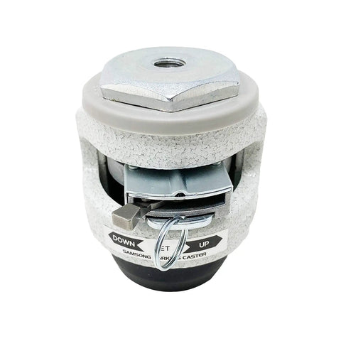 Heavy Duty Retractable Leveling Caster With 2 Inch Nylon Wheels That Roll Smooth And Ratcheting Stemless Build For Lock Tight Equipment Stabilization In Classic Ivory Job Site Gear, top view showing gray aluminum body.