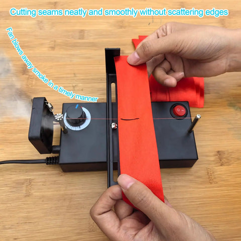 Person using Heat Cutting Ribbon And Rope Cutter Electric With Adjustable Temperature Portable Thermal Cutter for smooth seals