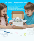 Children opening gift box with Beginner Crochet Amigurumi Kit For Puppy With Bow Tie, 5 Inch Starter Set, Video Tutorial Included.