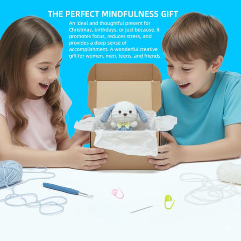 Children opening gift box with Beginner Crochet Amigurumi Kit For Puppy With Bow Tie, 5 Inch Starter Set, Video Tutorial Included.