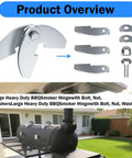 Heavy Duty BBQ Smoker Hinge Set For Weld On Steel Doors Two Pack Eight By Two And A Quarter Inch Hinge Fits Three Sixteenths Inch Plate Removable Pin Design For Smoker Lid Firebox And Grill Doors Silver Finish, components displayed.