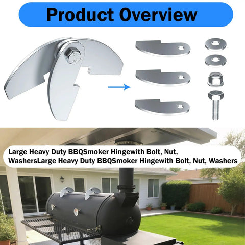 Heavy Duty BBQ Smoker Hinge Set For Weld On Steel Doors Two Pack Eight By Two And A Quarter Inch Hinge Fits Three Sixteenths Inch Plate Removable Pin Design For Smoker Lid Firebox And Grill Doors Silver Finish, components displayed.