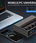 USB Audio Interface for PC With Touch Control next to laptop and smartphone, showing connectivity and compatibility features.