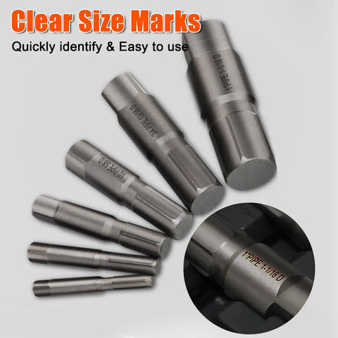 Beast Mode Heavy Duty 6 Piece Pipe Extractor Set For Damaged Threads One Eighth To One Inch Piping marked with sizes