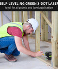 Three Dot Green Beam Laser Level With Self Leveling Plumb Up And Down Magnetic Base 131 Foot Range Includes 2 AA Batteries And Carry Pouch in use on framing