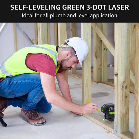 Three Dot Green Beam Laser Level With Self Leveling Plumb Up And Down Magnetic Base 131 Foot Range Includes 2 AA Batteries And Carry Pouch in use on framing