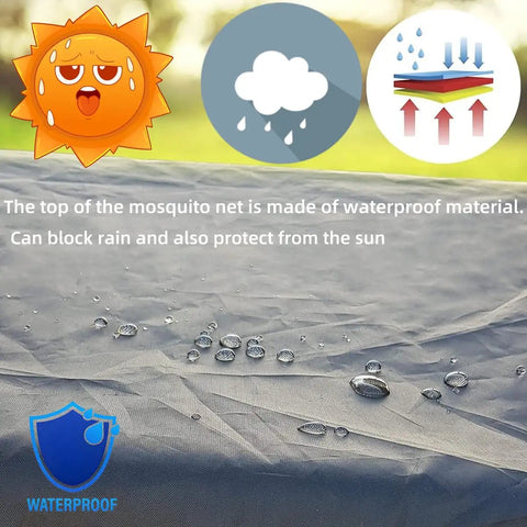 Close-up of waterproof roof tent fabric with UV guard and rain protection, highlighting outdoor mosquito netting for swing and patio.