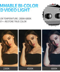 Dimmable bi-color LED video light showing 2300K to 6800K color temperature effects on model's skin tone