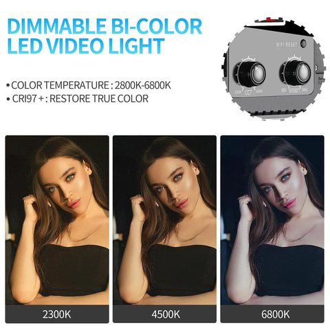 Dimmable bi-color LED video light showing 2300K to 6800K color temperature effects on model's skin tone