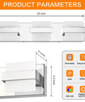 3 Light Chrome LED Bathroom Vanity Light Over Mirror 20 Inch White Dimmable Fixture Sleek Modern Vanity Lighting No Fuss 15 Minute Hardwired Install With USA Standard Back Plate For Bathrooms And Powder Rooms shown with dimensions and features.