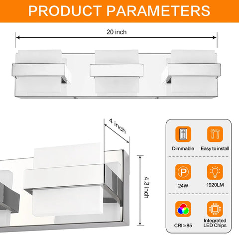 3 Light Chrome LED Bathroom Vanity Light Over Mirror 20 Inch White Dimmable Fixture Sleek Modern Vanity Lighting No Fuss 15 Minute Hardwired Install With USA Standard Back Plate For Bathrooms And Powder Rooms shown with dimensions and features.