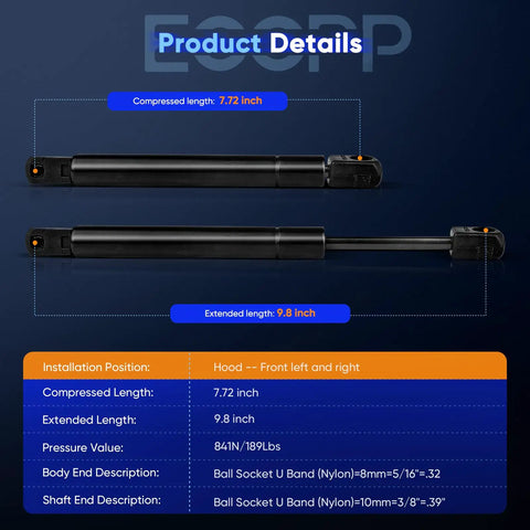 Heavy Duty Front Hood Lift Supports For Ford Explorer And Mercury Mountaineer 1996 To 2001 dimensions 7.72 inch compressed 9.8 inch extended