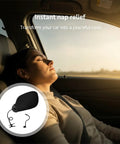 Woman napping in car with Privacy Desk Shade With Clip And Suction Cup To Block Light And Glare For Deep Focus inset image.