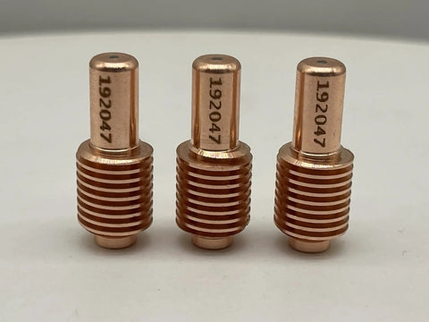 Three copper 192047 electrodes from the 10Pcs 192047 Electrode And 10Pcs 192051 Nozzle Tip Set For ICE 55C CM Plasma Cutting Torch