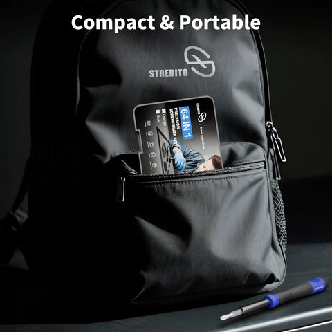 Compact 64 Piece Precision Screwdriver Set in pocket with Torx Triwing Pentalobe Bits for Electronics Repair Kit displayed with backpack
