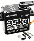 Beefy 35Kg Digital Servo At 8.4V With Full Metal Gear IP67 Waterproof And 25T Servo Horn for RC crawlers, showing parts and connections.