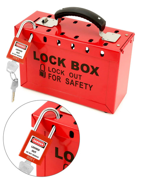 Lockout Tagout Box Kit With 10 Keyed LOTO Locks, Portable 12 Slot Group Lock Box In Red, Heavy Duty Steel Construction