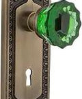 Egg And Dart Plate With Keyhole Passage Crystal Emerald Glass Door Knob Set In Antique Brass For Closets And Hallways