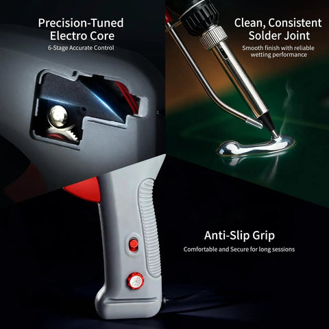 Close-up of 120W Soldering Gun Kit with 110V power, showing precision-tuned electro core and clean, consistent solder joint.