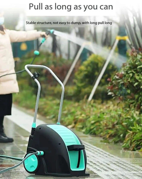 Portable Metal Hose Reel Cart With Smooth Rolling Wheels And Easy Step Operation Garden Hose Organizer with long hose in use.