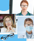 Three Pack Anti Fog Safety Glasses For Lab And Everyday Use With Scratch Resistant Lenses And Extended Side Shields worn by women in various settings