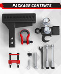 Adjustable Heavy Duty Tri Ball Trailer Hitch For 2 Inch Receiver With 4.5 Inch Rise And Drop Includes One And Seven Eighths Inch, Two Inch, And Two Five Sixteenths Inch Trailer Balls Tow Hook And Shackle 10000 Lb GTW 1000 Lb TW Pin Lock And Hitch package contents layout