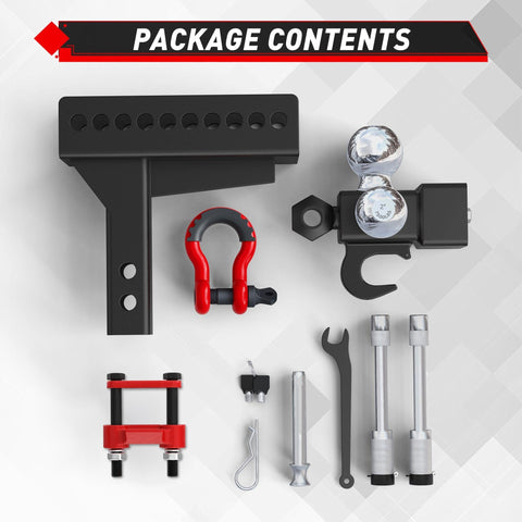Adjustable Heavy Duty Tri Ball Trailer Hitch For 2 Inch Receiver With 4.5 Inch Rise And Drop Includes One And Seven Eighths Inch, Two Inch, And Two Five Sixteenths Inch Trailer Balls Tow Hook And Shackle 10000 Lb GTW 1000 Lb TW Pin Lock And Hitch package contents layout