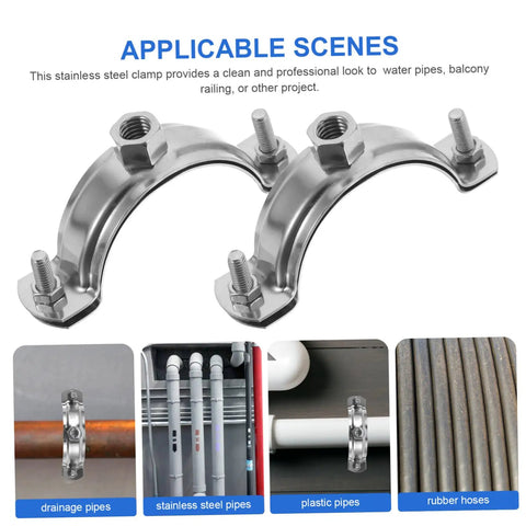 Image of Adjustable Stainless Steel Water Pipe Clamp Brackets Set for 20 to 200mm Pipes in various applications.