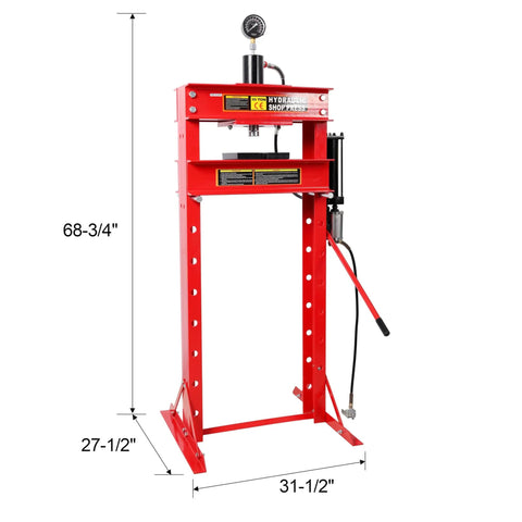 Heavy Duty 30 Ton Air Hydraulic Shop Press With Integrated Gauge Rock Solid H Frame Rig, adjustable height, red finished metal design.