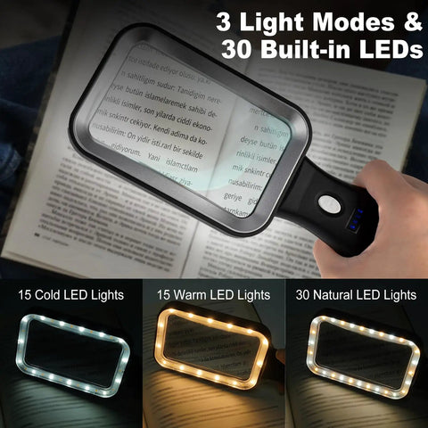 10X Lighted Magnifier With Rechargeable Battery, 3 Color Modes, Handy Rectangular Lens For Seniors And Low Vision, Great For Reading Fine Print, Jewelry, Crafts, Inspections, And Close Work with three LED light options