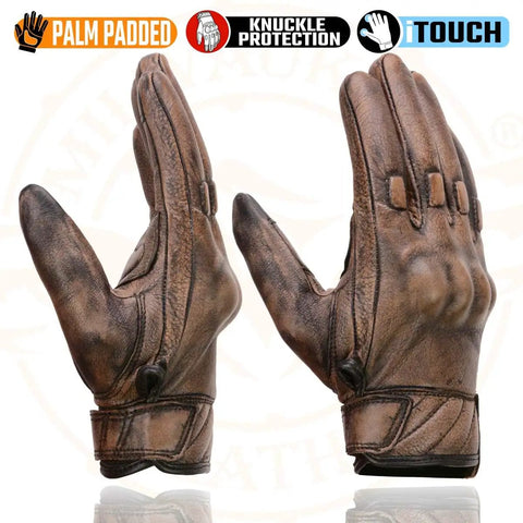 Distressed Brown Leather Gloves With Vibration-Reducing Gel Palm And Knuckle Protectors For Serious Motorcycle Riding, Built For Grip, Full Panel Cowhide, Lightly Lined, Adjustable Wrist Strap, Large