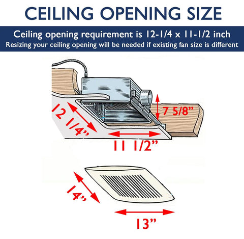 Diagram showing installation dimensions of 120 CFM Super Quiet Bathroom Exhaust Fan With Easy Install No Attic Access Needed Energy Star Certified Less Than Three Tenths Sone Fits 12 By 11 And A Half Inch Ceiling Opening Energy Saving Ventilation For Small To Medium Bathrooms, with measurements 12-1/4 by 11-1/2 inches ceiling opening and 7-5/8 inches depth.