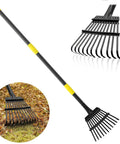 Heavy Duty Garden Leaf Rake With 9 Inch Narrow Head And 65 Inch Adjustable Handle 11 Steel Tines Rust Resistant Metal Rake For Leaves Shrubs Flower Beds Camping Easy Cleanup Built Tough For Quick Yard Duty shown on grass