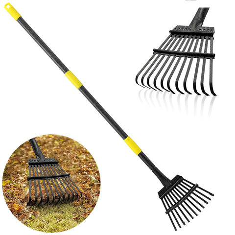 Heavy Duty Garden Leaf Rake With 9 Inch Narrow Head And 65 Inch Adjustable Handle 11 Steel Tines Rust Resistant Metal Rake For Leaves Shrubs Flower Beds Camping Easy Cleanup Built Tough For Quick Yard Duty shown on grass