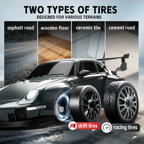 Drift Ready 1:24 Scale RC Car With LED Lights showcasing drift and racing tires for different terrains like asphalt and wood.