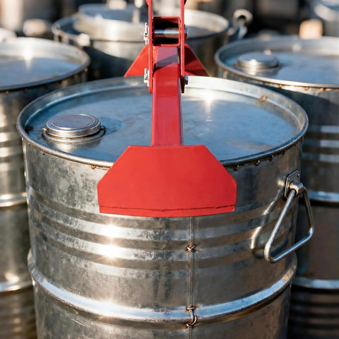 Heavy Duty Vertical Drum Lifter For 55 Gallon Steel Or Plastic Barrels Handles Up To 1100 Pounds with red clamp on steel drum lid.