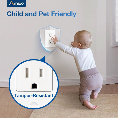 A baby reaching for a 50 Pack Wall Outlet With Tamper Resistant 15 Amp Receptacles And Wall Plate, UL Listed 125V 1875W Decorator Style Electrical Outlet